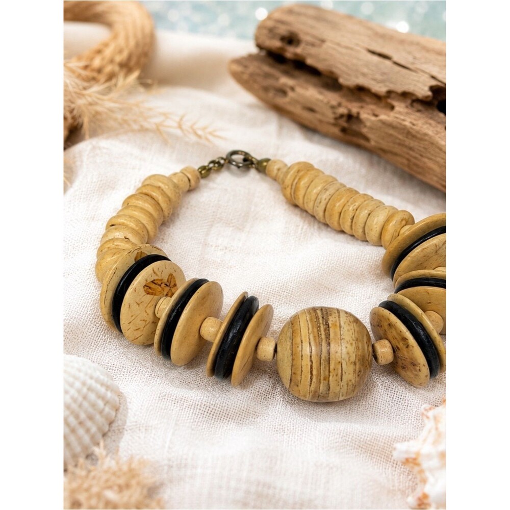 Vintage Wooden Beaded Bracelet Boho Tribal Artisan Disk Bracelet